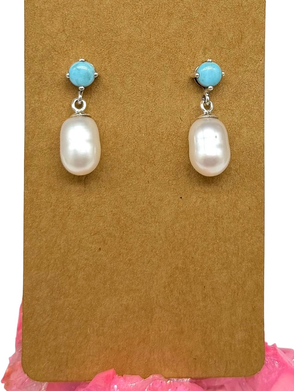 Freshwater Pearl & Sleeping Beauty Turquoise Earrings Solid 925 Sterling Silver